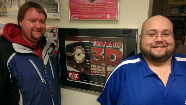 Alex Hartman, left, and Jim Gray, right, of KVSC Radio in St. Cloud.