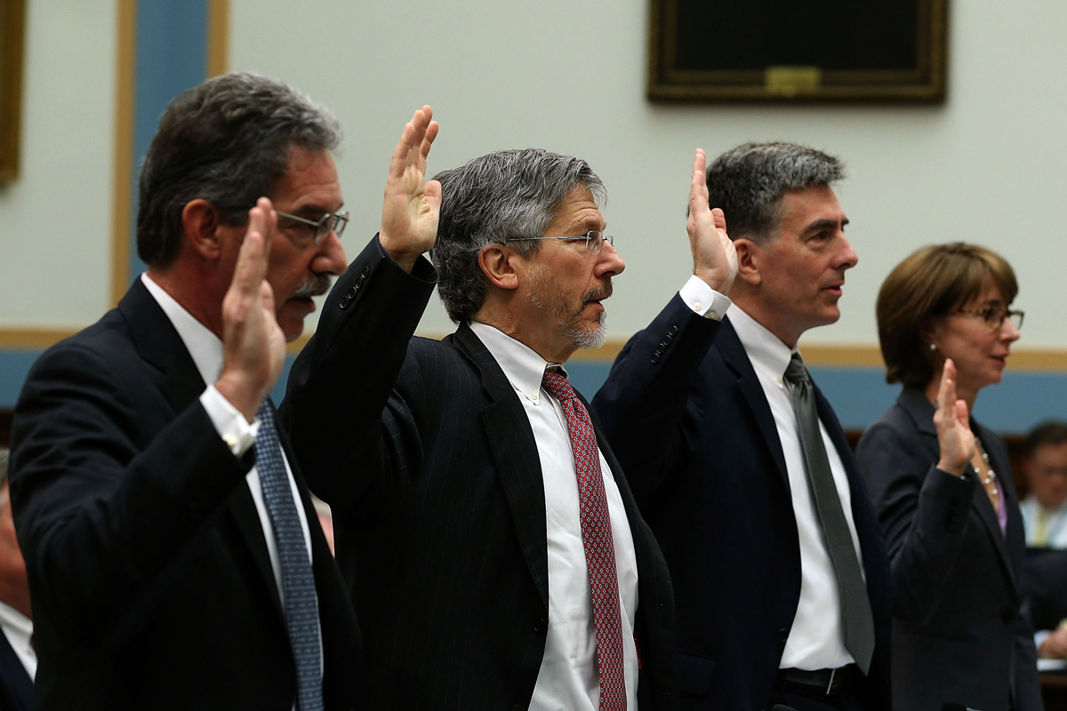 WASHINGTON, DC - JULY 17: (L-R) James Cole, Deputy Attorney General, Robert S. Litt, Office of Director of National Intelligence, John Inglis, National Security Agency Deputy Director, and Stephanie Douglas, FBI National Security Branch, raise their right hands as they are sworn in before testifying before the House Judiciary Committee, July 17, 2013 in Washington, DC. The committee is hearing testimony from members of the intelligence community on oversight of the Obama Administration's use of the Foreign Intelligence Surveillance Act (FISA).  (Photo by Mark Wilson/Getty Images)