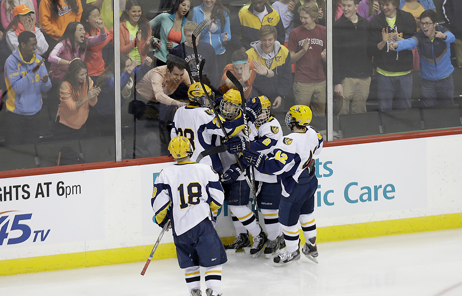  Breck's Thomas Lindstrom celebrated the first of three goals against Marshall  in 2013 state tournament action.2013 in St. Paul, Minn.  AP Photo/The Star Tribune, Elizabeth Flores