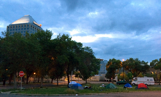 Tents were set up near the Dorothy Day Center in downtown St. Paul nightly during the summer months. Hart VanDenburg / MPR News