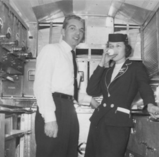 Flight attendant Bob Reardon aboard a Northwest Stratocruiser in 1956. Photo: Anne Billingsley Kerr via Lady Sky Writer blog.