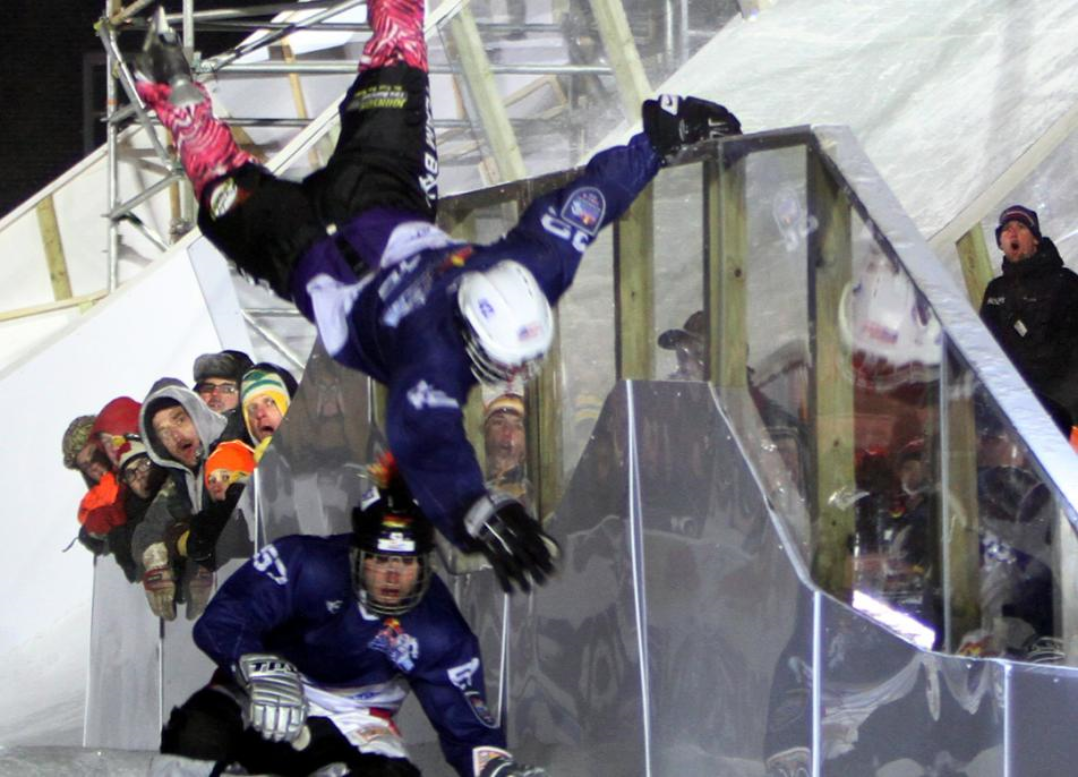 In its early years  -- 2012 in this case -- spills meant thrills at Crashed Ice. MPR Photo/Jeffrey Thompson/File.