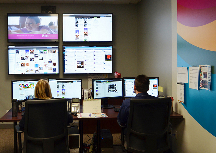 The social media monitoring room at the Mall of America. The team works as part of the marketing department, but it also works hand in hand with security. Photo:  Peter Cox/MPR News