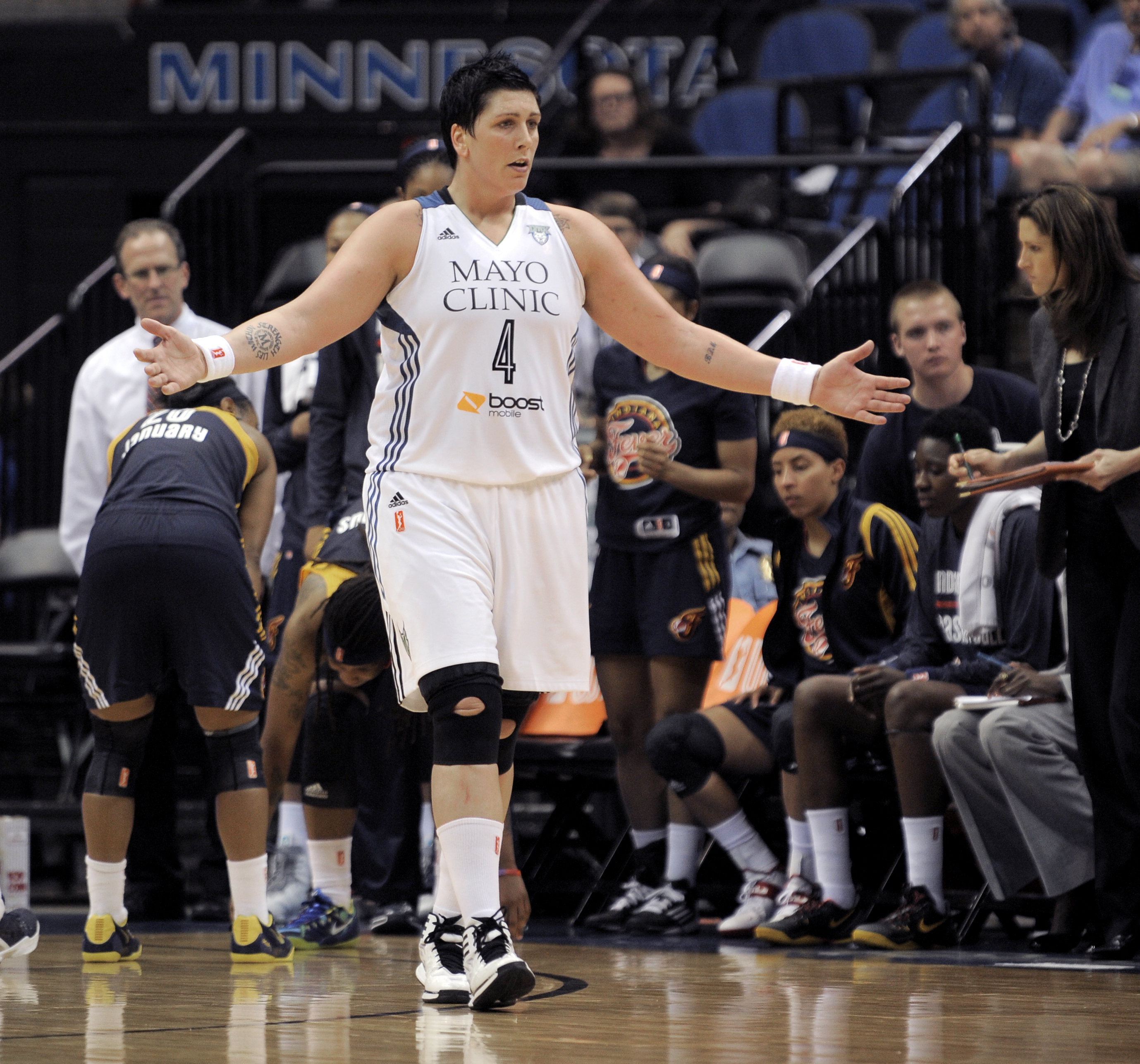 Minnesota Lynx center Janel McCarville during a WNBA basketball game against the Indiana Fever Sunday, June 22, 2014, in Minneapolis. (AP Photo/Tom Olmscheid)