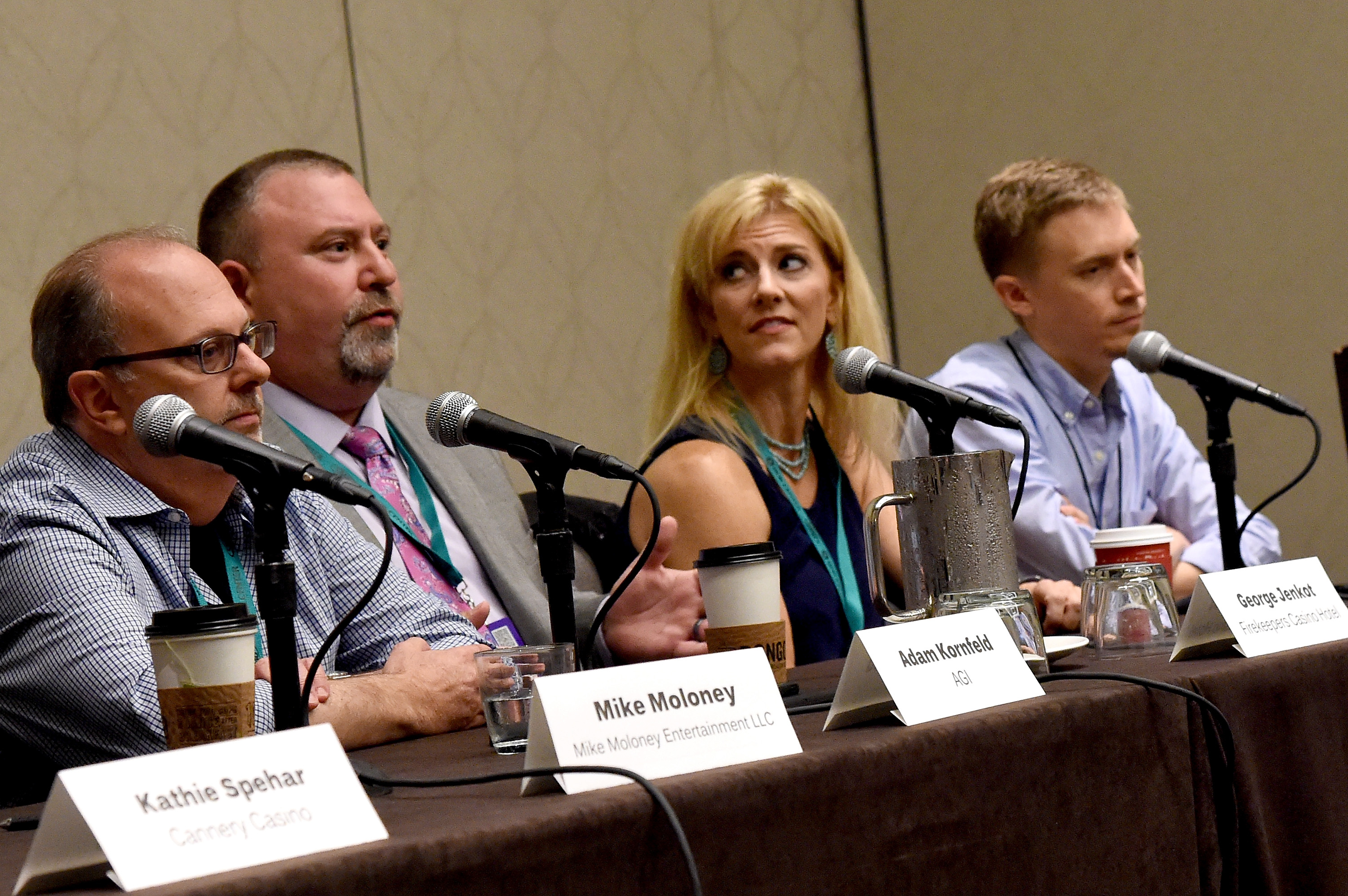 NASHVILLE, TN - OCTOBER 13:  Adam Kornfeld of AGI, George Jenkot of FireKeepers Casino Hotel, Laura Ishum of Pinnacle Entertainment, and Nate Herweyer of Paradigm Talent Agency speak on the Casino Entertainment: Trends & Solutions panel during the IEBA 2015 Conference - Day 3 on October 13, 2015 in Nashville, Tennessee.  (Photo by Rick Diamond/Getty Images for IEBA)