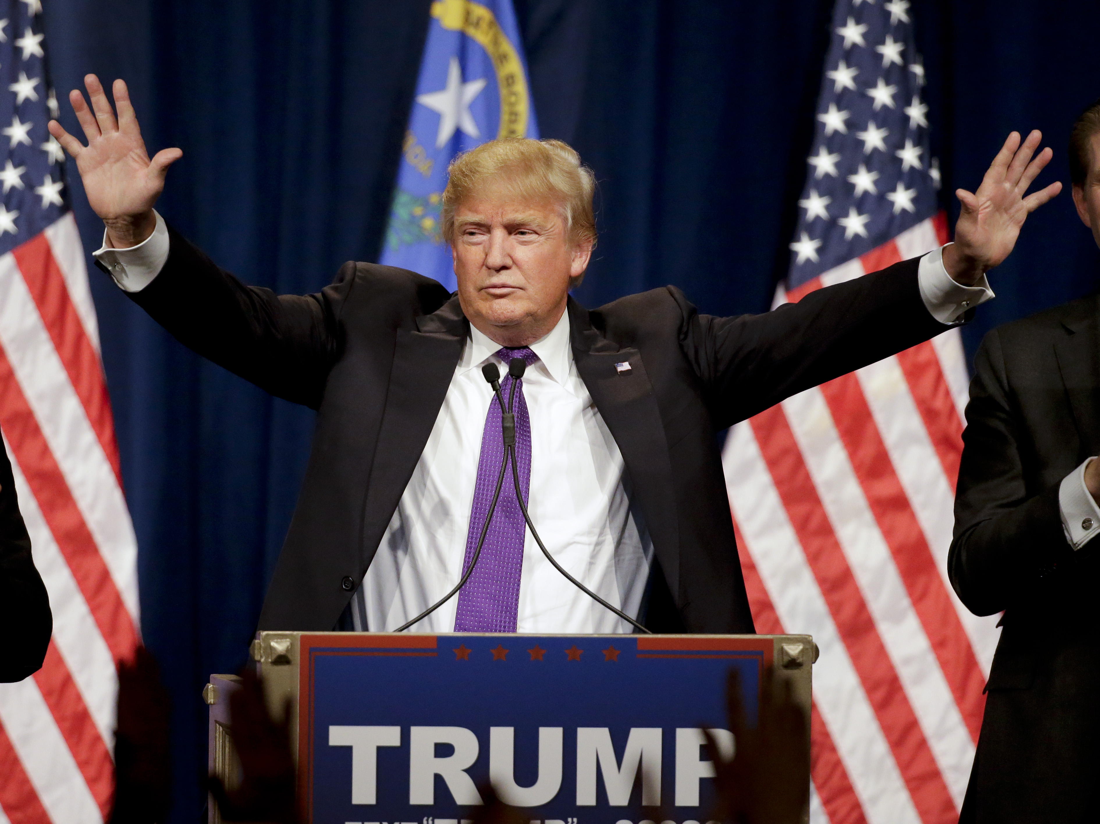 Republican presidential candidate Donald Trump speaks during a caucus night rally Tuesday, Feb. 23, 2016, in Las Vegas. (AP Photo/Jae C. Hong)
