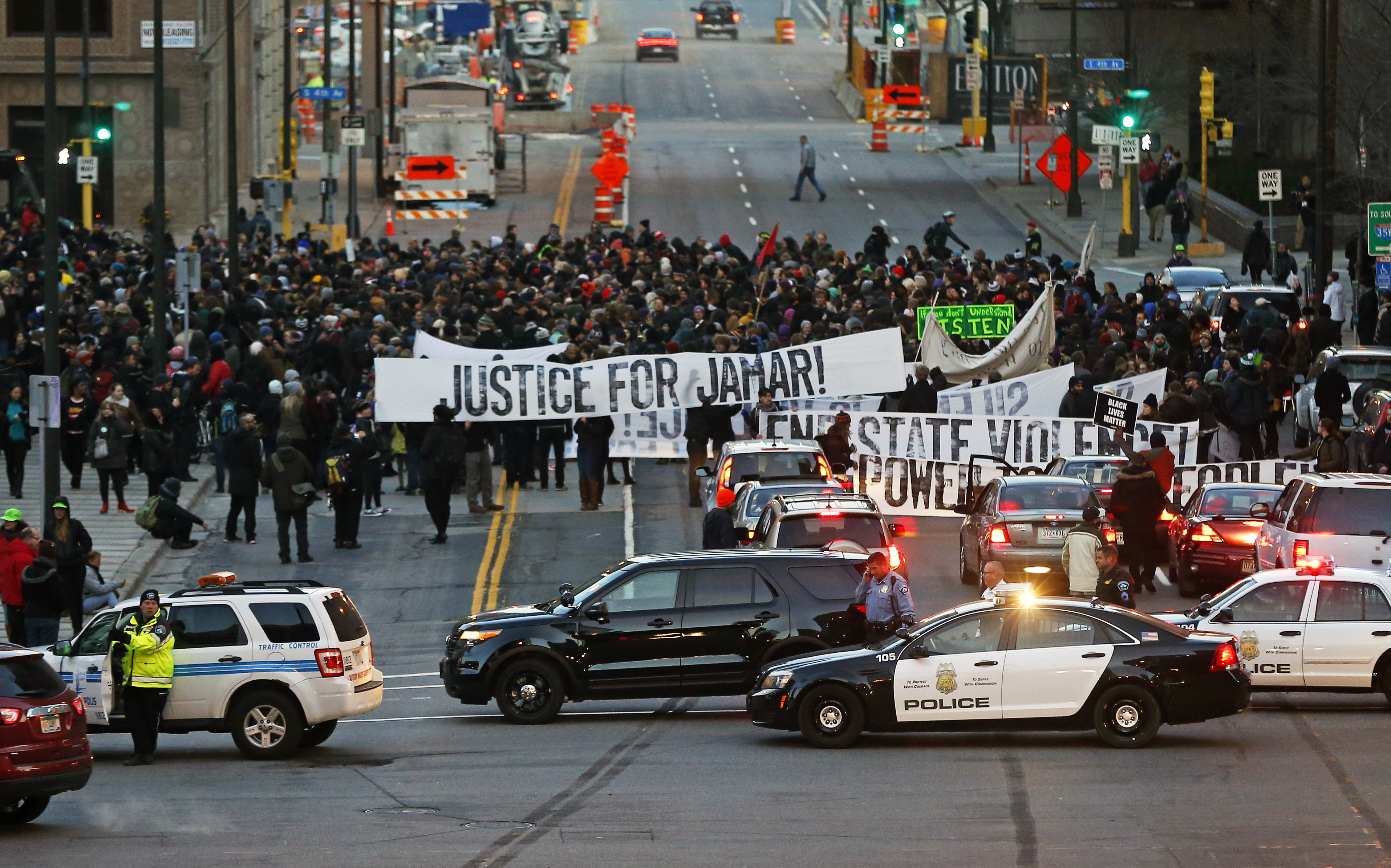 Hundreds of Black Lives Matter demonstrators and supporters occupy the street in front of the federal building, Tuesday, Nov. 24, 2015, in Minneapolis, after marching from the Police Department's Fourth Precinct. Jim Mone | AP 2015