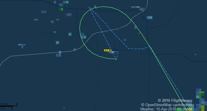 According to FlightAware.com, this is the route the pilot of Prince's airplane took near Moline. The light blue dashed line indicates the instrument approach to the field. The green line indicates the actual route as the pilot attempted to lose altitude quickly.
