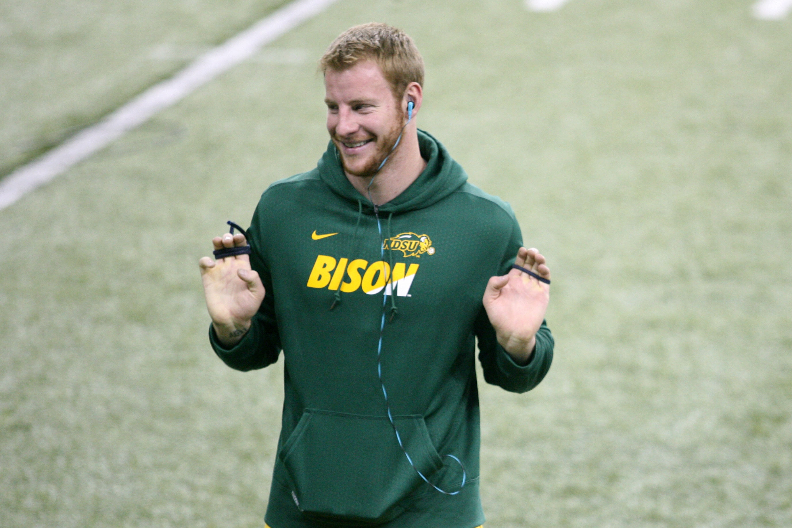 North Dakota State quarterback Carson Wentz is seen during the school's NFL football pro day, Thursday, March 24, 2016, in Fargo, N.D. (AP Photo/Bruce Crummy)