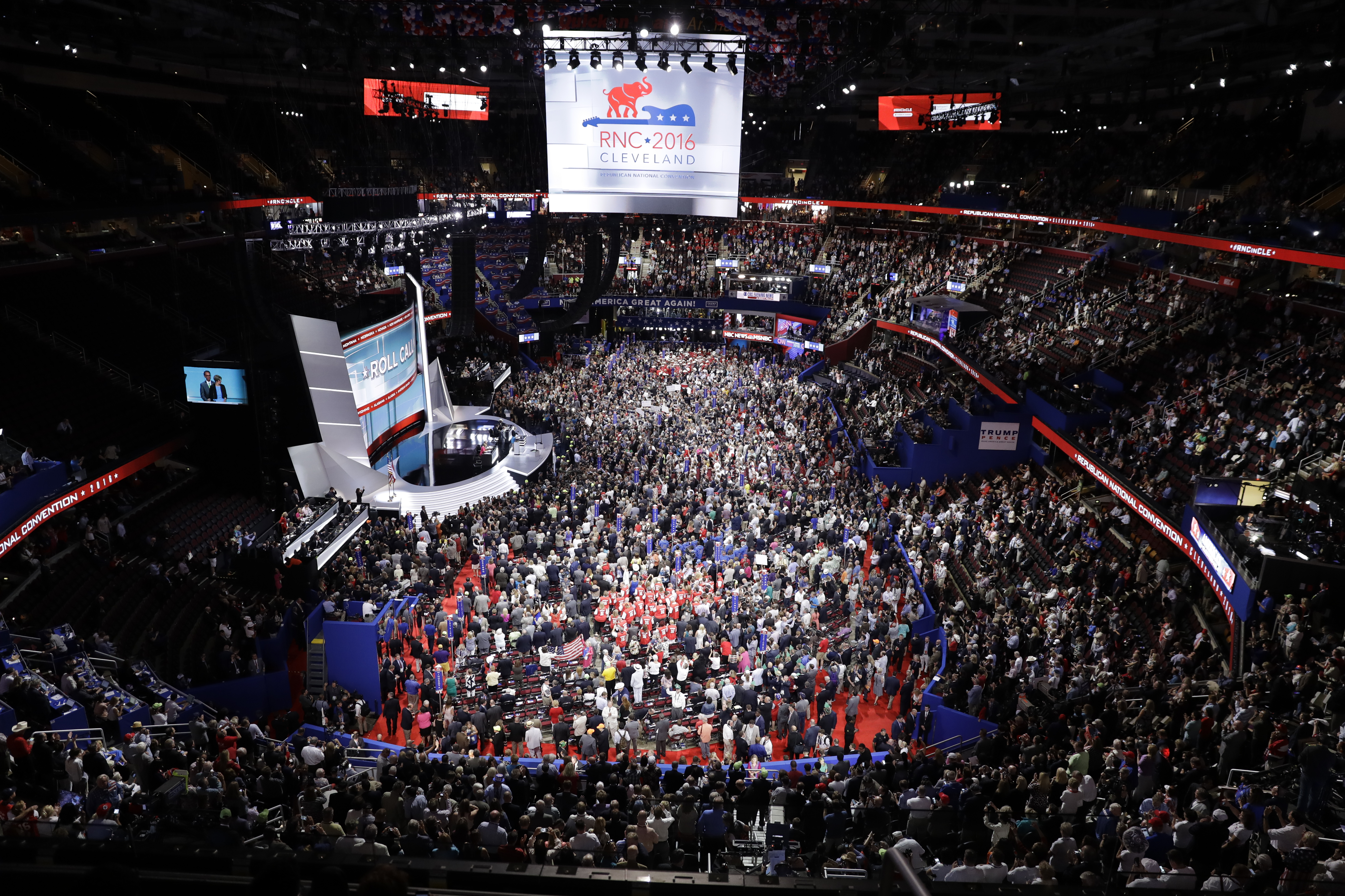 Delegates fill the floor during the second day session of the Republican National Convention in Cleveland, Tuesday, July 19, 2016. (AP Photo/Matt Rourke)