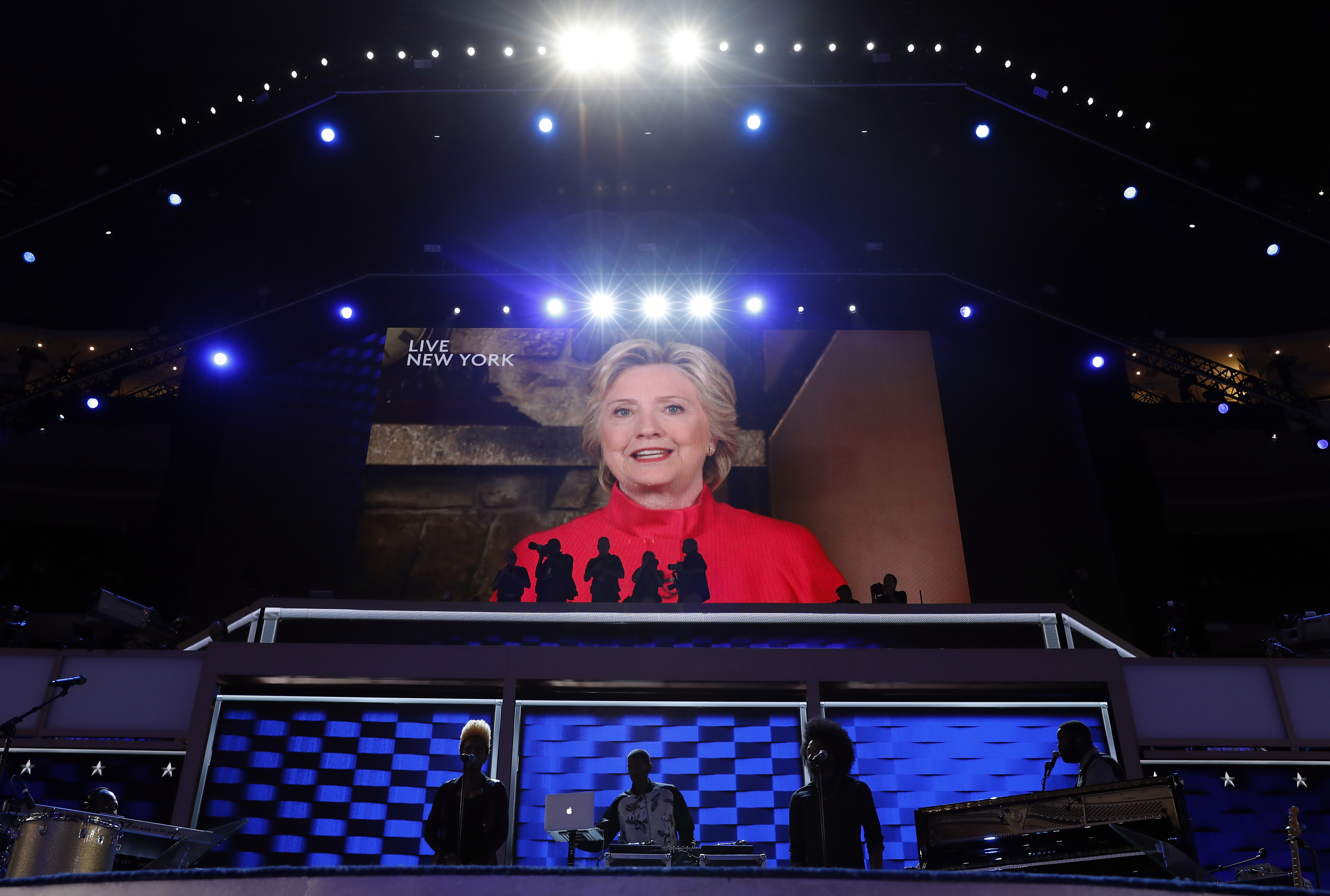 Democratic Presidential candidate Hillary Clinton appears on the screen during the second day session of the Democratic National Convention in Philadelphia, Tuesday, July 26, 2016. (AP Photo/Carolyn Kaster)