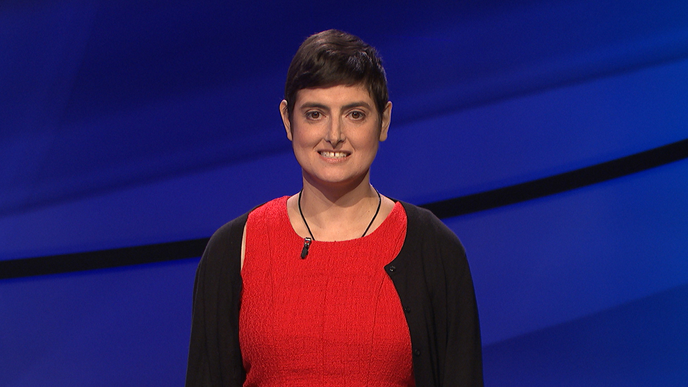 Cindy Stowell on the set of Jeopardy. Photo: Jeopardy.com.