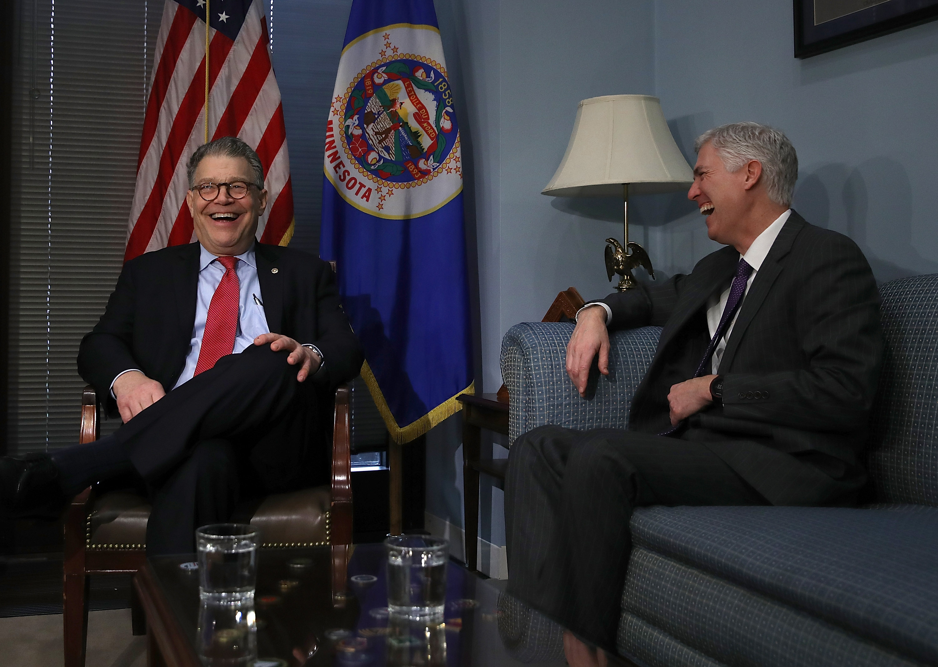 Supreme Court nominee Judge Neil Gorsuch (R) meets with U.S. Sen. Al Franken (D-MN) in Franken's office on Capitol Hill March 7. Photo by Justin Sullivan/Getty Images.