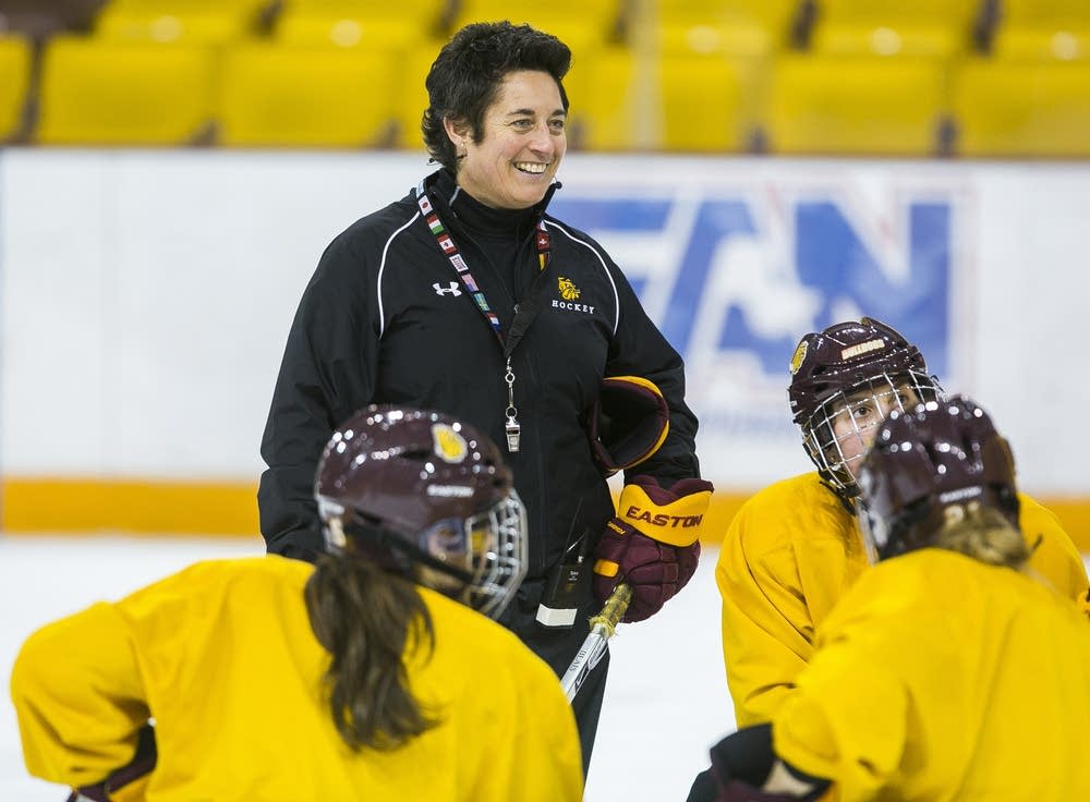 University of Minnesota Duluth women's hockey head coach Shannon Miller speaks to her players in between drills in February 2015. Derek Montgomery / For MPR News