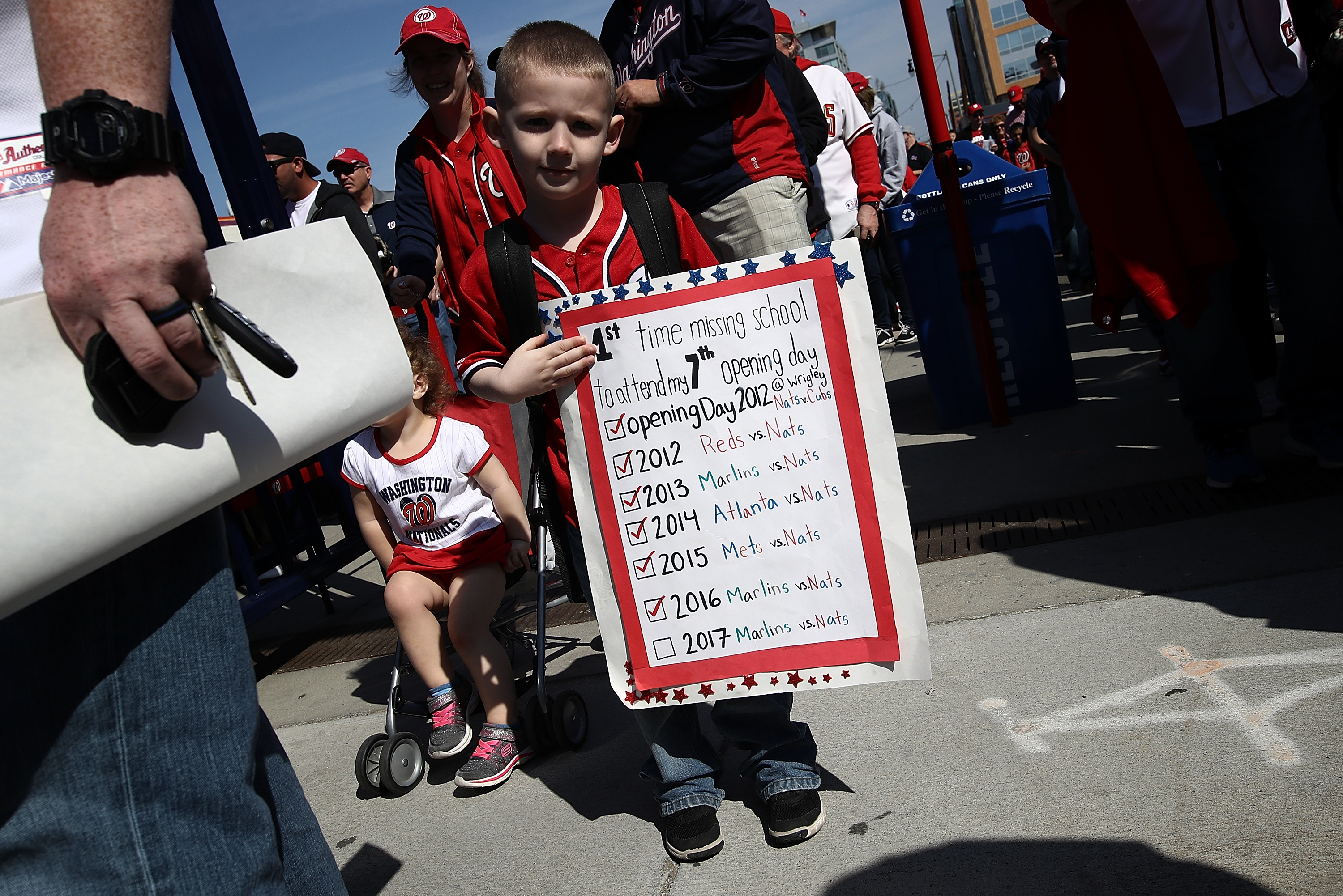  6-year-old Kilian Riley enters Washington's Nationals Park for Opening Day of the Major League Baseball season April 3, 2017 in Washington, DC.  Win McNamee | Getty Images.